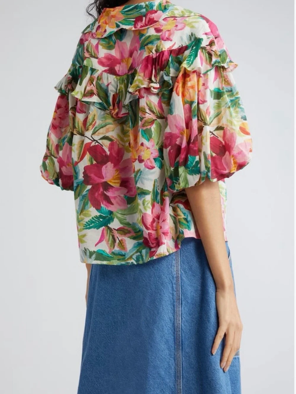 FARM Rio Pink & Green Floral Puff-Sleeve Blouse, size XL